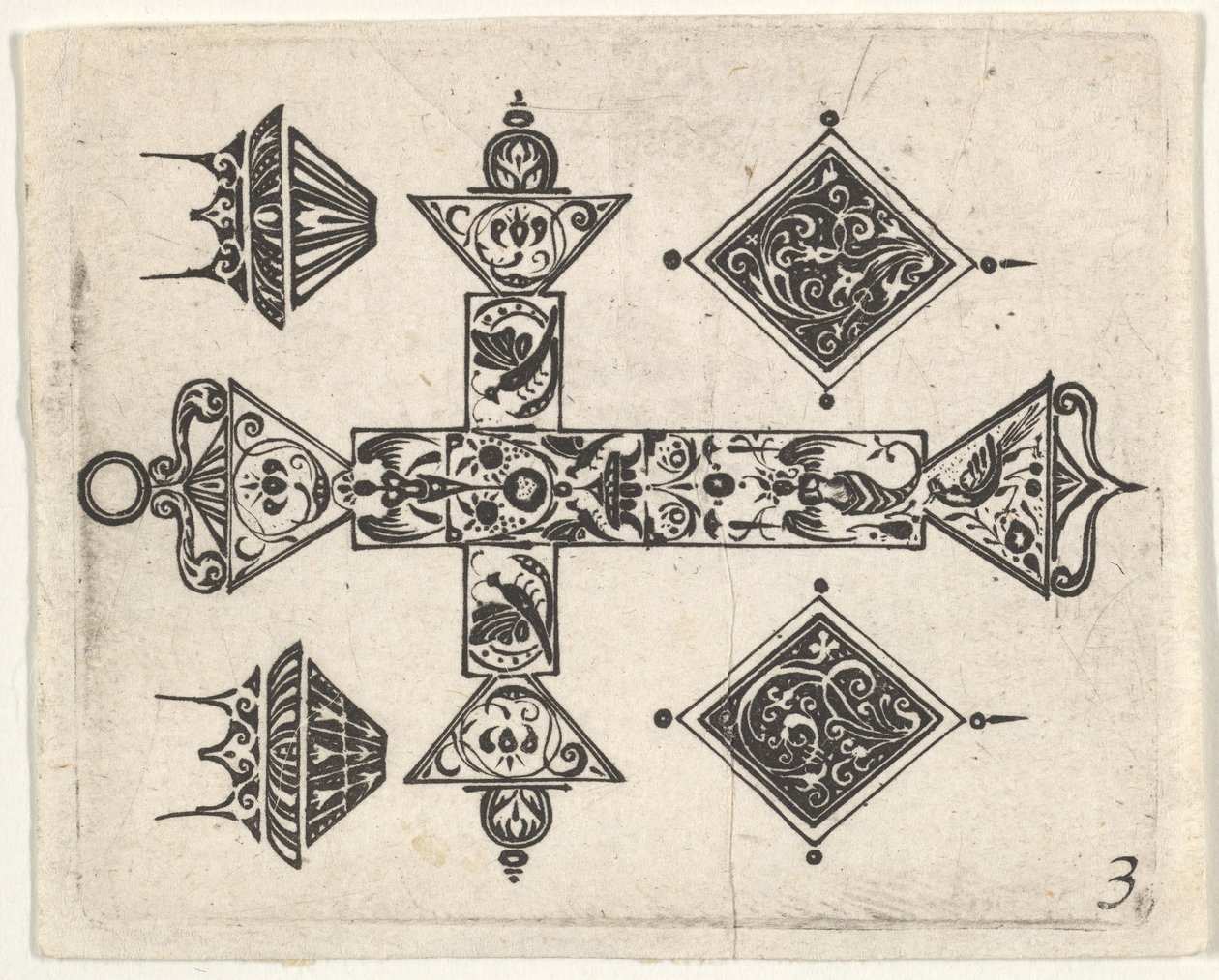 Blackwork nyomat latin kereszttel és négy motívummal, kb. 1620. alkotó: Claes Jansz Visscher