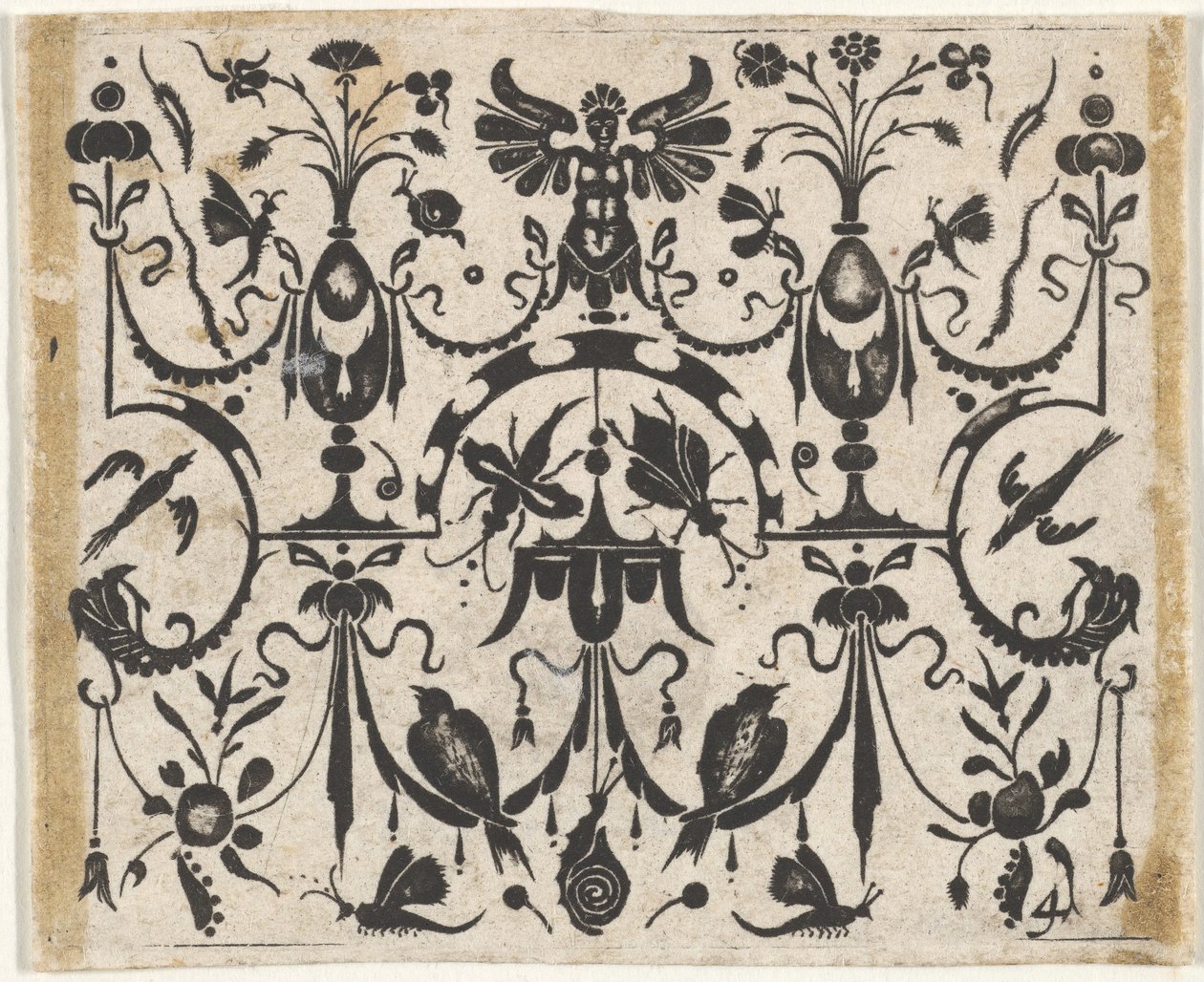 Blackwork nyomat szimmetrikus groteszk mintával, kb. 1620. alkotó: Claes Jansz Visscher
