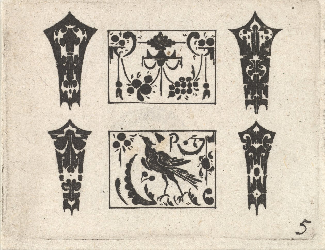 Blackwork nyomat szimmetrikus Schweifwerk mintával, kb. 1620. alkotó: Claes Jansz Visscher