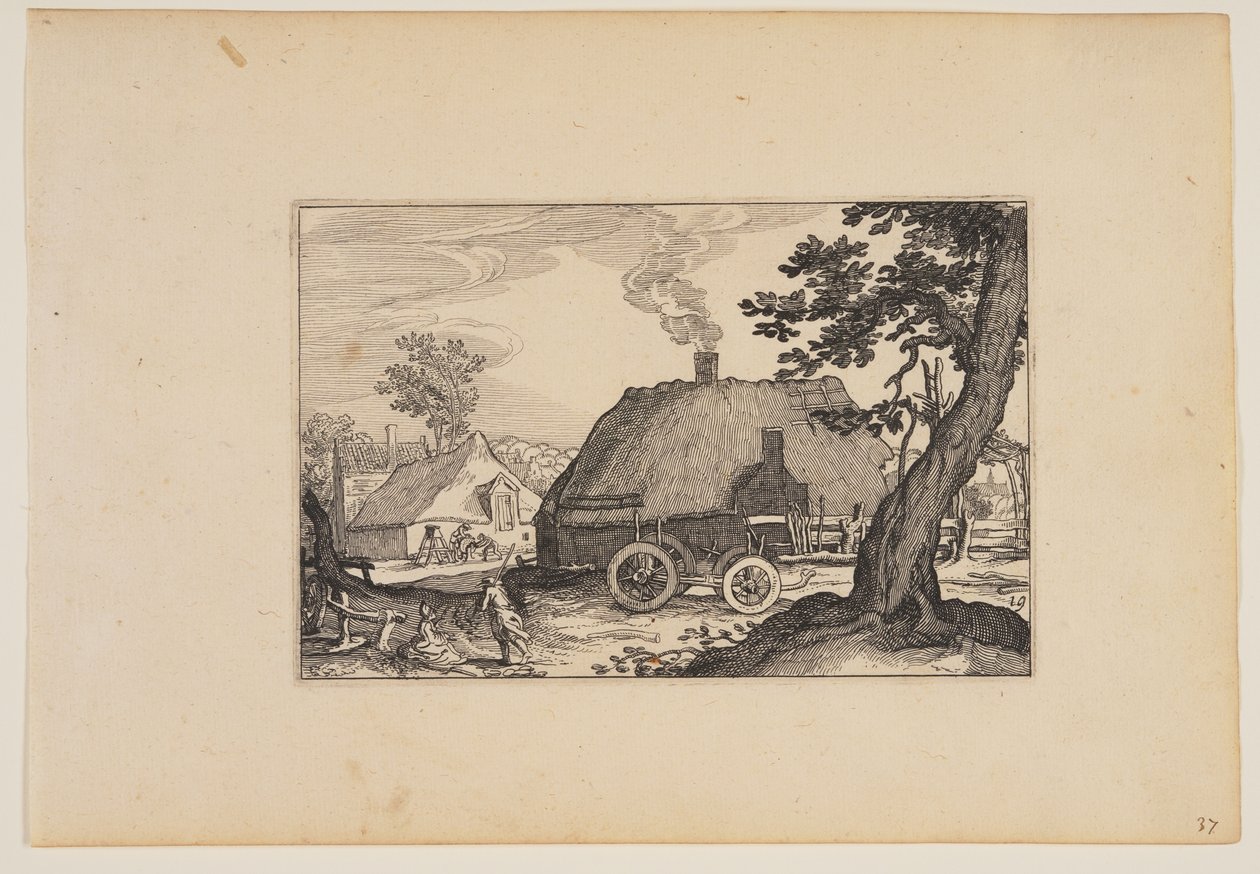 Farmok, középen egy szekér alváza, a Tájképek (Verscheyden aerdige Lanthuysen...) alkotó: Claes Jansz. Visscher