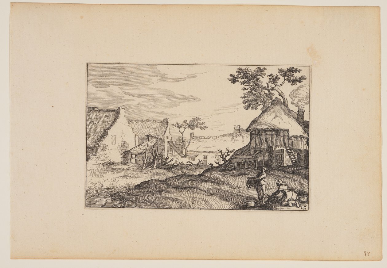 Tanyasi fiatalember és nő az előtérben, a Tájképek (Verscheyden aerdige Lanthuysen...) alkotó: Claes Jansz. Visscher