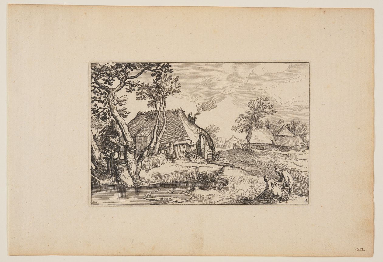 Öreg férfi és nő egy tónál pihen, a Tájképek (Verscheyden aerdige Lanthuysen...) alkotó: Claes Jansz. Visscher