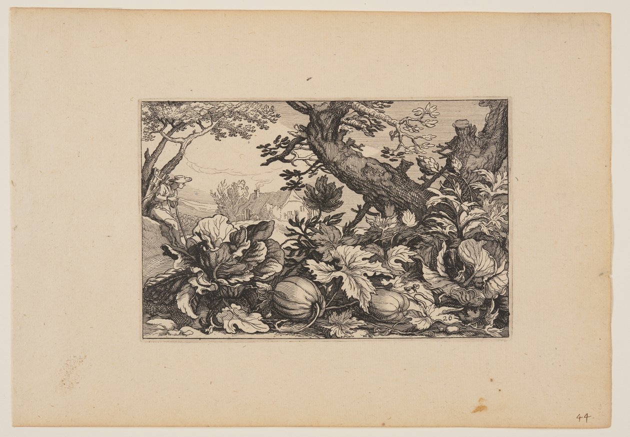 Fa és dinnye, a Tájképek (Verscheyden aerdige Lanthuysen...) alkotó: Claes Jansz. Visscher