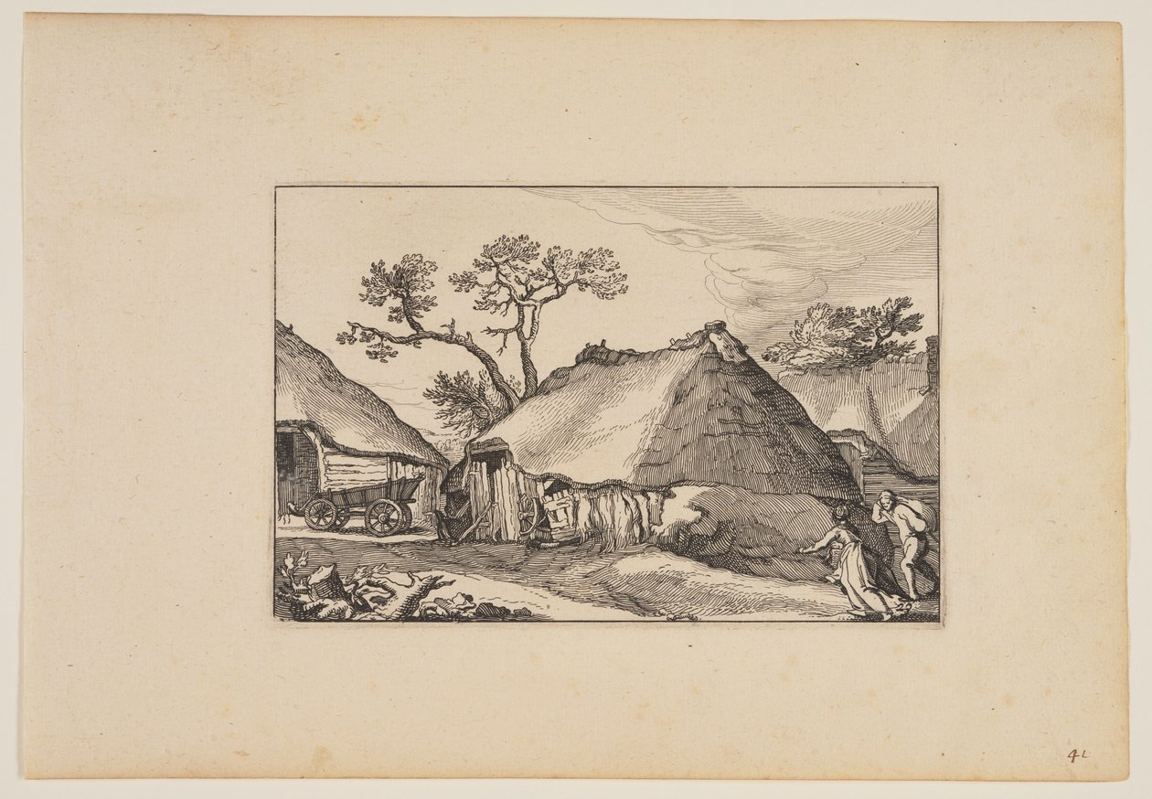 Két pajta, balra szekér, a Tájképek (Verscheyden aerdige Lanthuysen...) alkotó: Claes Jansz. Visscher
