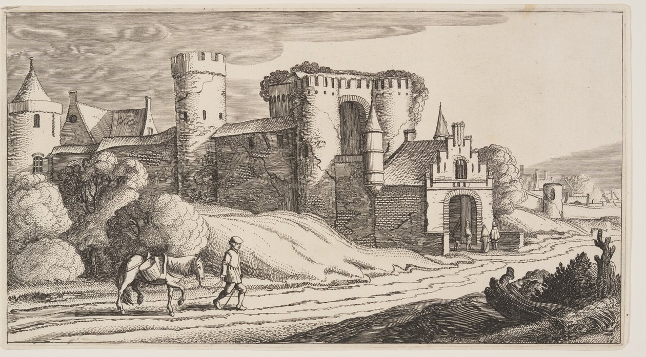 Egy paraszt lóval a városfal melletti úton, a Tájképek (Playsante Lantschappen) című képből. alkotó: Claes Jansz. Visscher II