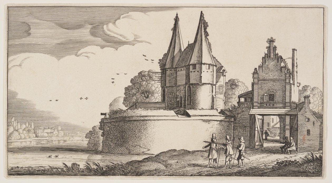 Bástya és városkapu a folyón, a Tájképekből (Playsante Lantschappen) alkotó: Claes Jansz. Visscher II