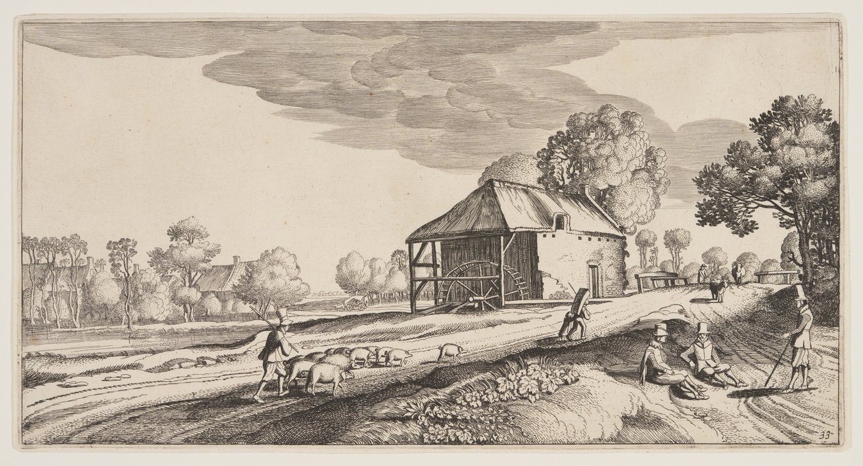 Keresztút egy vízimalom mellett, a Landscapes (Playsante Lantschappen) című képből alkotó: Claes Jansz. Visscher II