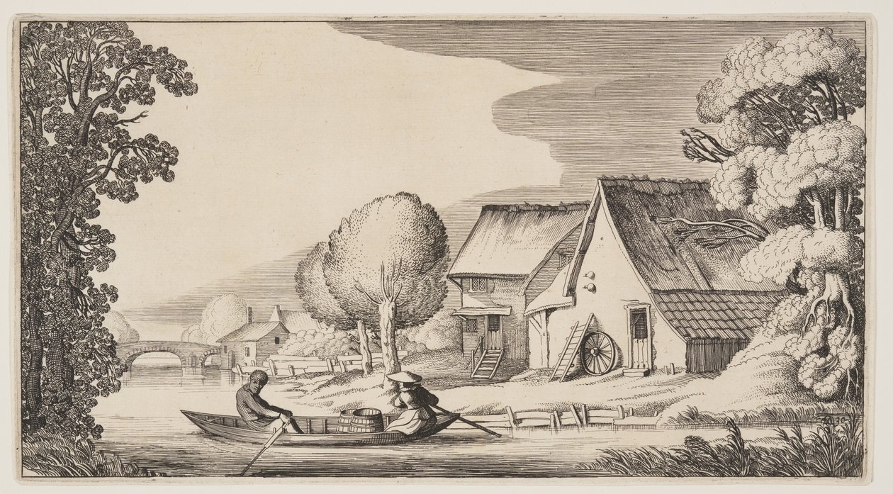 Földműves és földműves nő egy csónakban, a Tájképek (Playsante Lantschappen) című képből. alkotó: Claes Jansz. Visscher II
