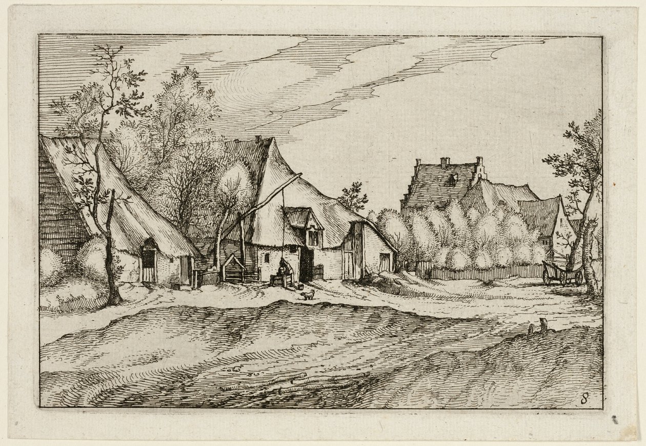 Tanyák egy faluban, nyolcadik lemez a tanyák, vidéki házak és falusias falvak képei után (Praediorum villarum et rusticarum casularum icones) alkotó: Claes Jansz. Visscher II