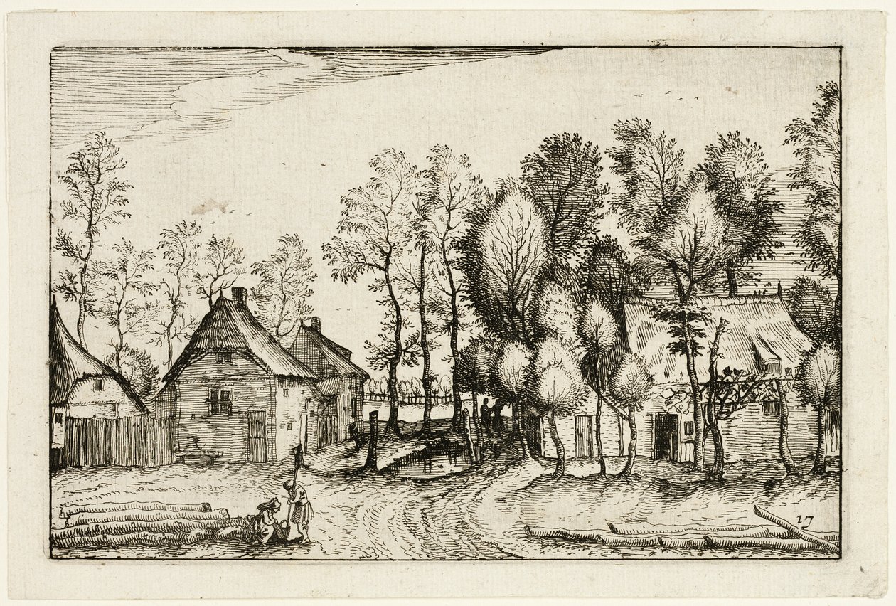 Tájkép kivágott fákkal, tizenhetedik lemez tanyák, vidéki házak és falusias falvak képei után (Praediorum villarum et rusticarum casularum icones) alkotó: Claes Jansz. Visscher II