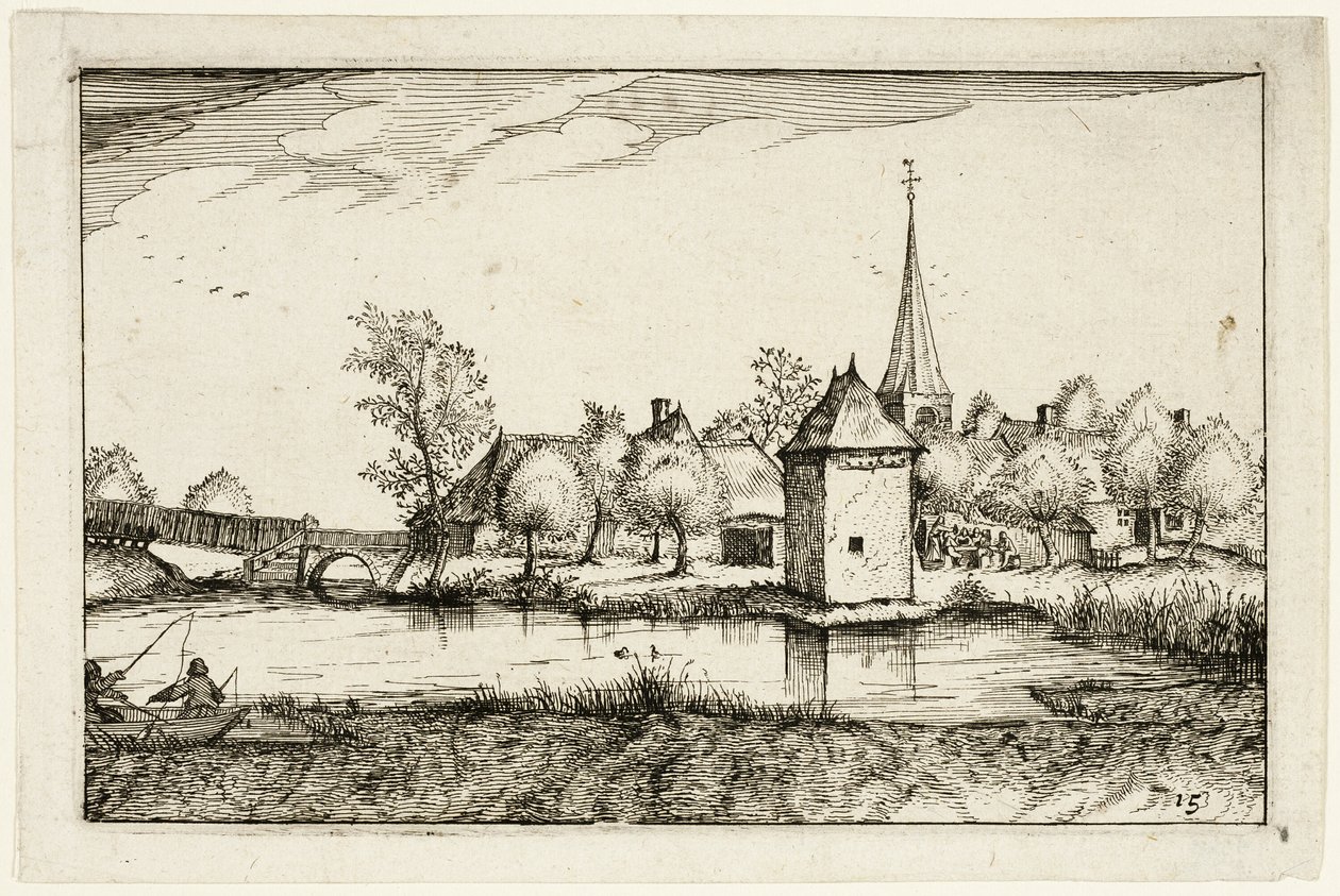 Tó és egy falu, tizenötös tányér tanyák, vidéki házak és falusias falvak képei után (Praediorum villarum et rusticarum casularum icones) alkotó: Claes Jansz. Visscher II