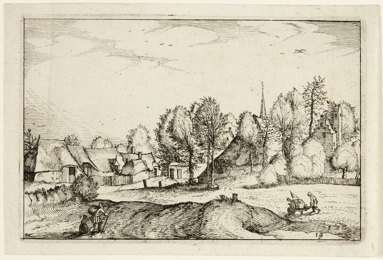 Út a faluba, tizenkilenc tányér a tanyák, tájházak és falusias falvak képei után (Praediorum villarum et rusticarum casularum icones) alkotó: Claes Jansz. Visscher II
