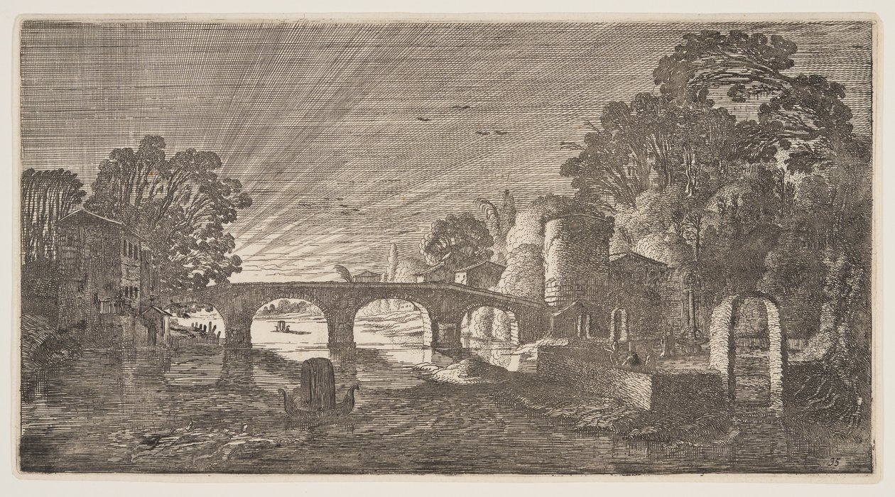 Naplemente egy folyó felett, a Landscapes (Playsante Lantschappen) című filmből. alkotó: Claes Jansz. Visscher II