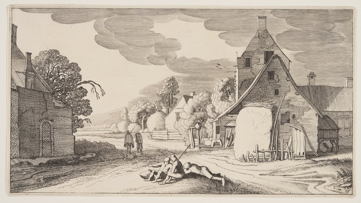 Három paraszt pihen egy falu útkereszteződésénél, a Landscapes (Playsante Lantschappen) című képből. alkotó: Claes Jansz. Visscher II