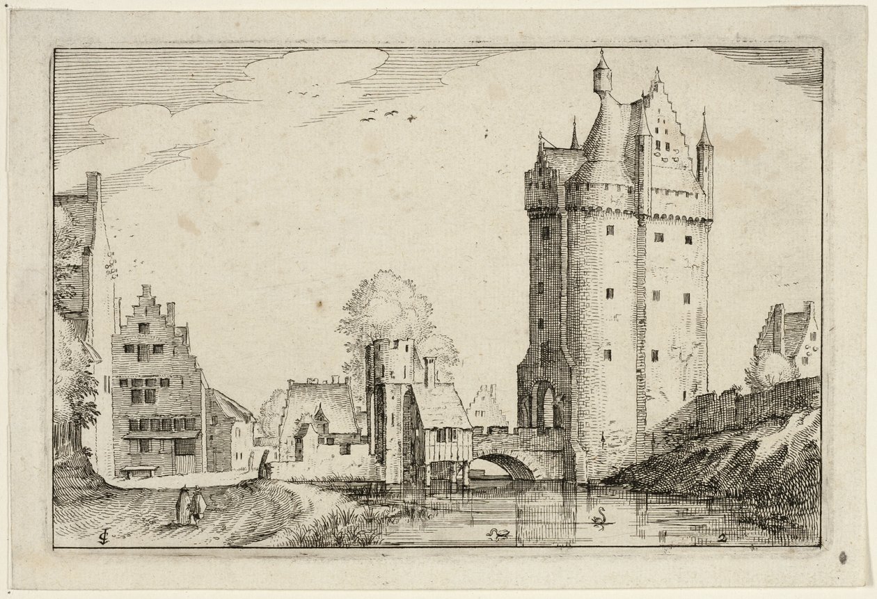 Városkapu, második lemez a Tanyák, vidéki házak és falusias falvak képei (Praediorum villarum et rusticarum casularum icones) után. alkotó: Claes Jansz. Visscher II