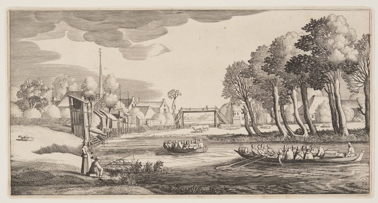 Utazók csónakban közelednek egy falu felé, a Landscapes (Playsante Lantschappen) című képből. alkotó: Claes Jansz. Visscher II