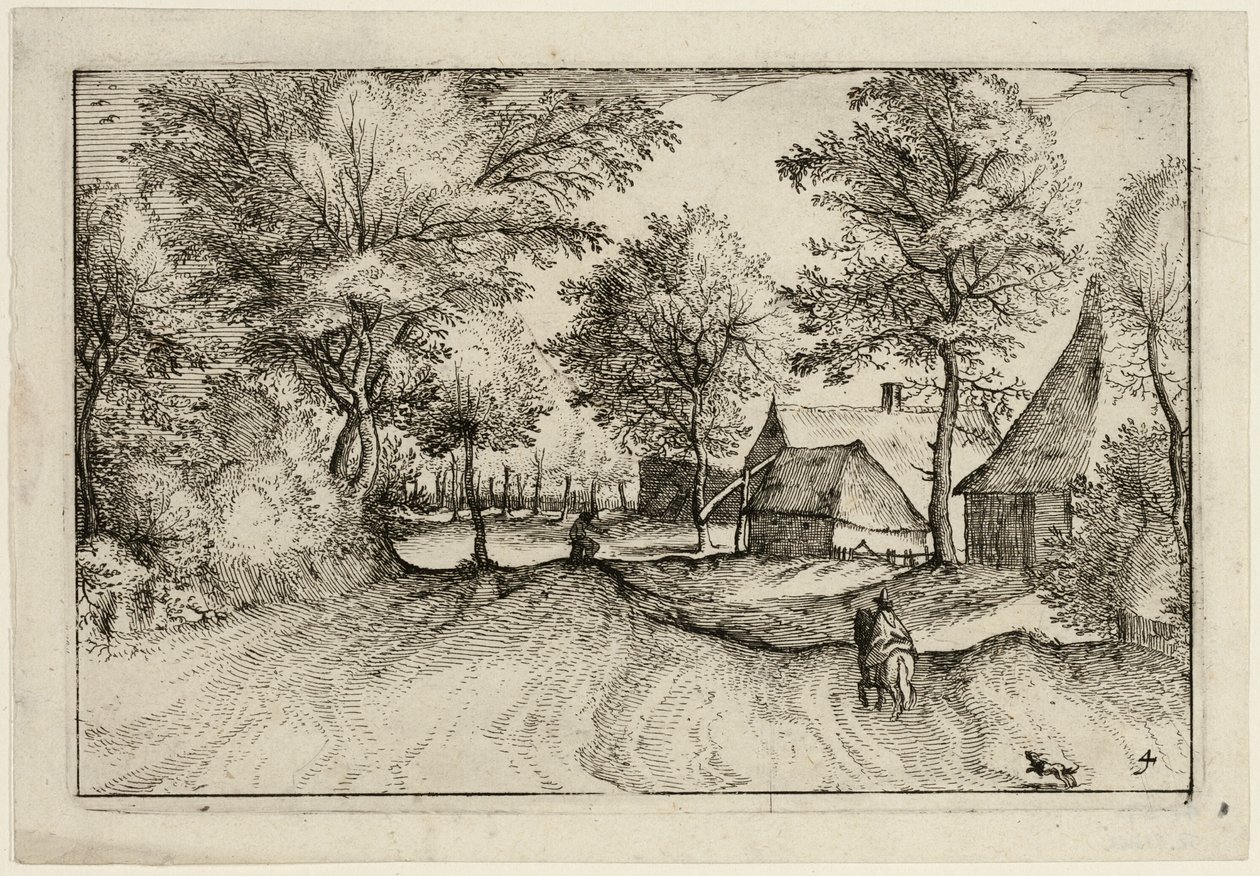 Falusi út, negyedik lemez a tanyák, vidéki házak és falusias falvak képei után (Praediorum villarum et rusticarum casularum icones) alkotó: Claes Jansz. Visscher II