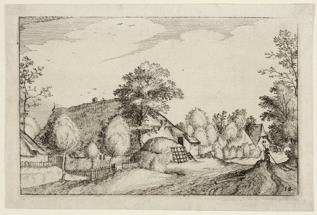 Falusi út, tizenkettedik lemez a tanyák, vidéki házak és falusias falvak képei után (Praediorum villarum et rusticarum casularum icones) alkotó: Claes Jansz. Visscher II