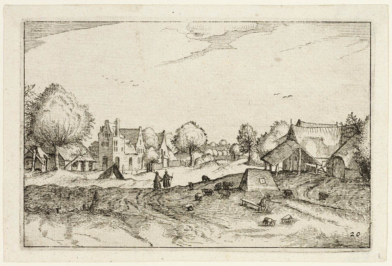 Falusi út, húszas tányér a tanyák, vidéki házak és falusias falvak képei után (Praediorum villarum et rusticarum casularum icones) alkotó: Claes Jansz. Visscher II
