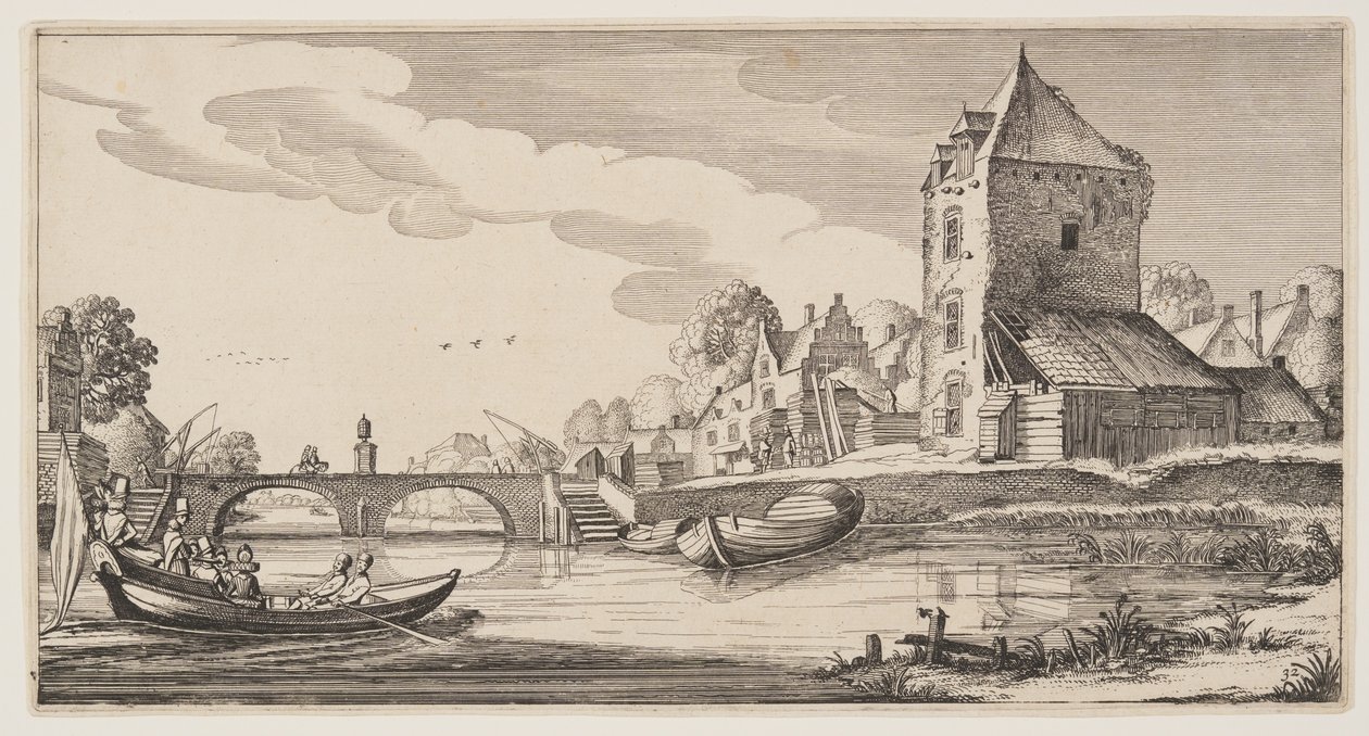 Falu a folyón, a Tájképek (Playsante Lantschappen) című kötetből. alkotó: Claes Jansz. Visscher II