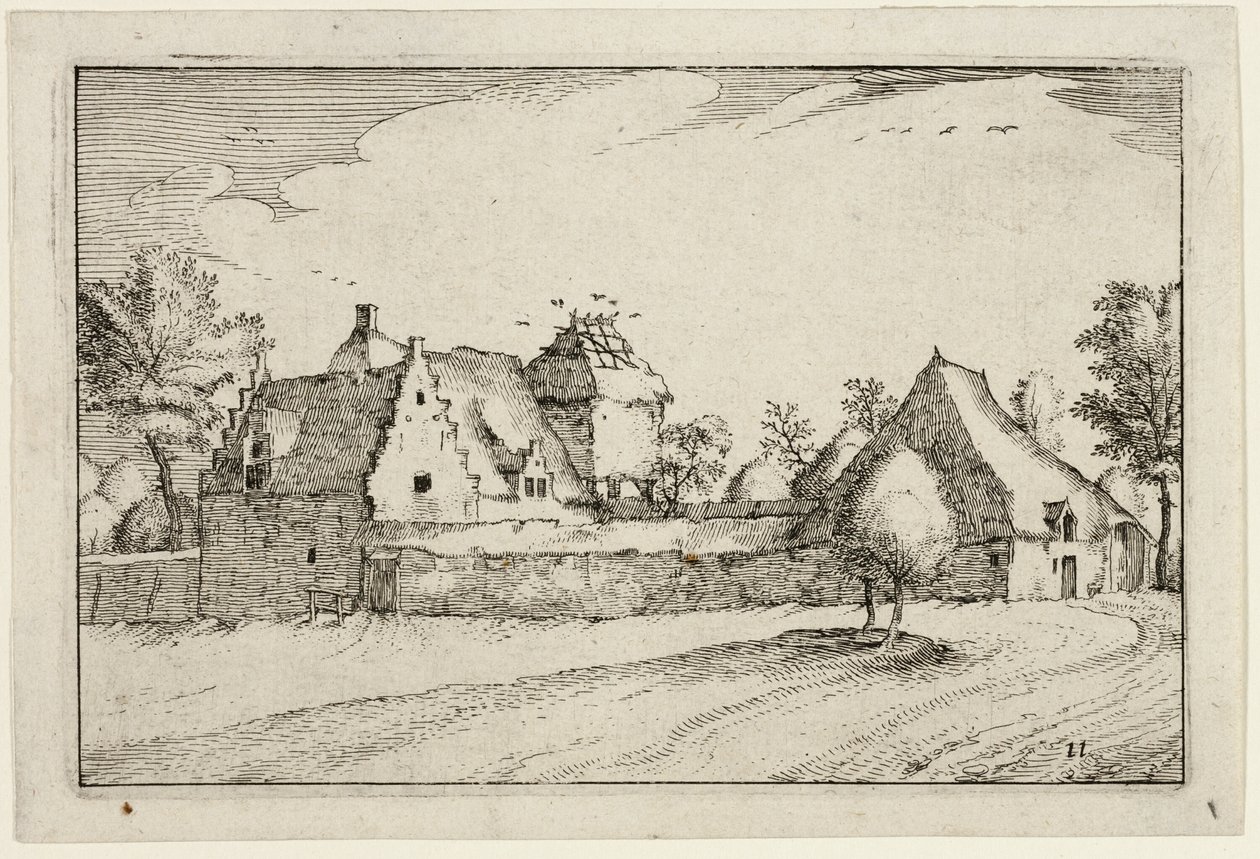 Falazott tanya, tizenegyedik tányér a tanyák, vidéki házak és falusias falvak képei után (Praediorum villarum et rusticarum casularum icones) alkotó: Claes Jansz. Visscher II
