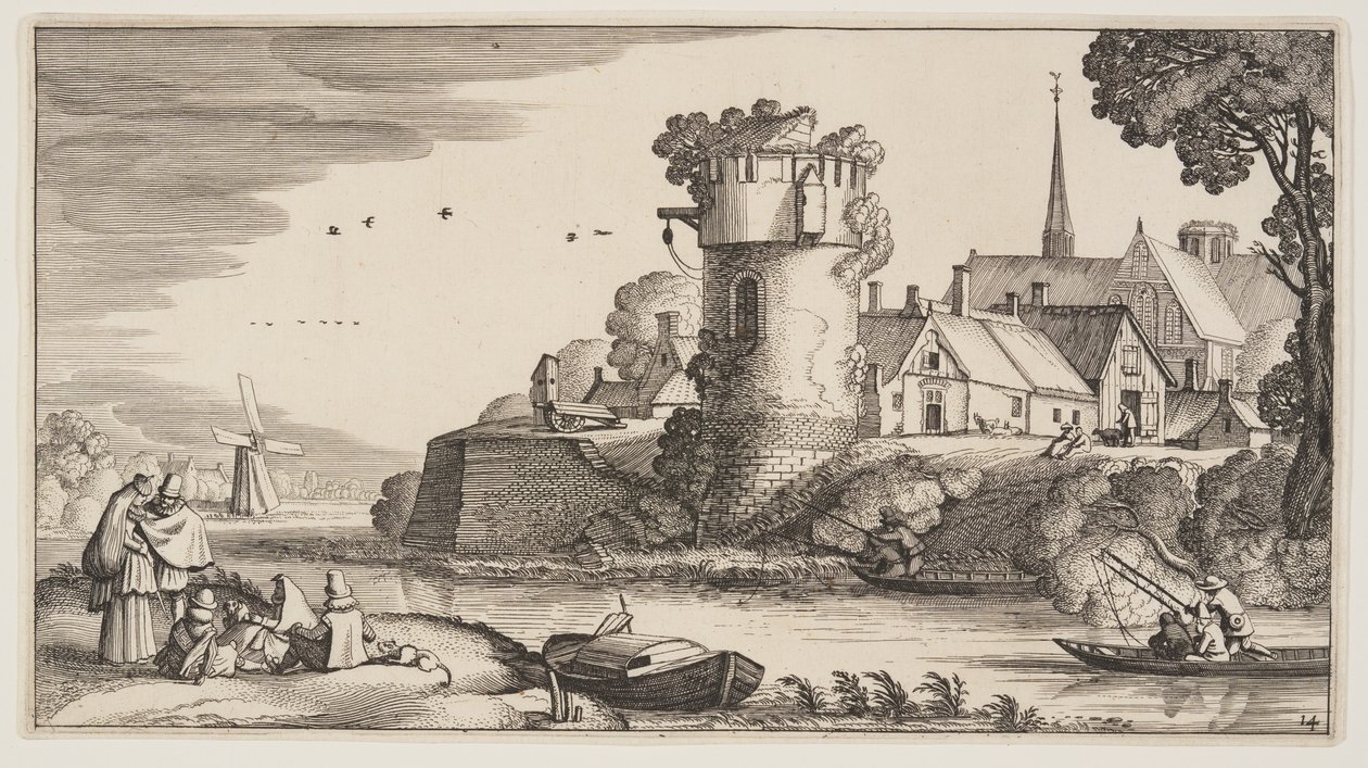 Watch-Tower by a River, a Tájképek (Playsante Lantschappen) című kötetből alkotó: Claes Jansz. Visscher II