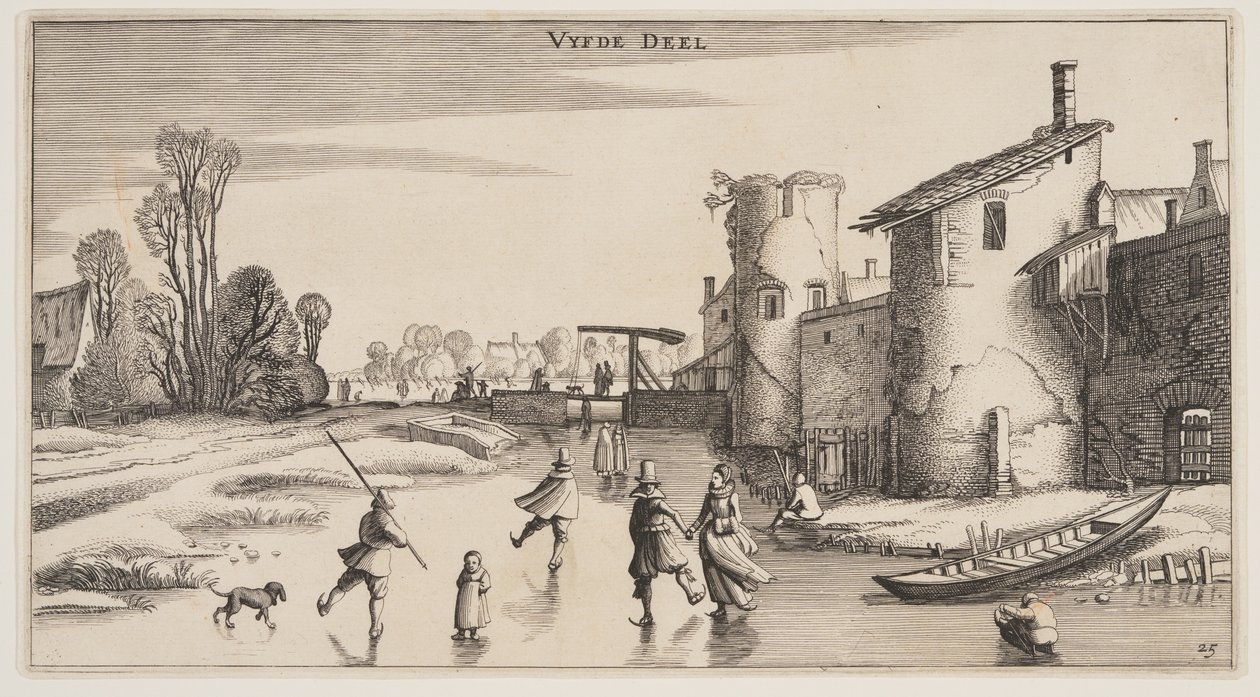 Téli táj korcsolyázókkal a városfal mentén, a Landscapes (Playsante Lantschappen) című képből alkotó: Claes Jansz. Visscher II