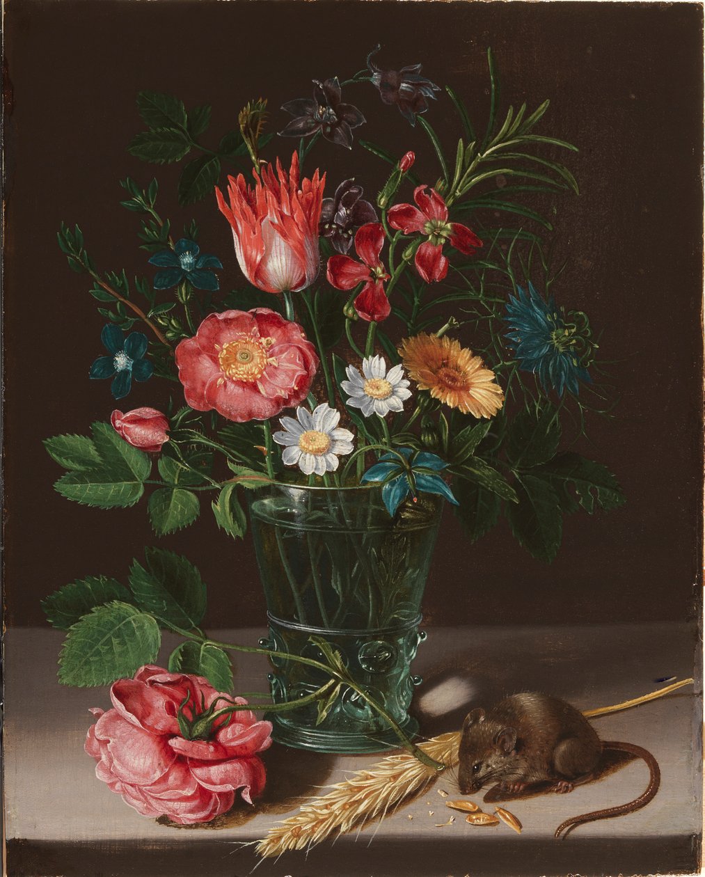 Virágok egy vázában, rágcsáló egérrel. alkotó: Clara Peeters