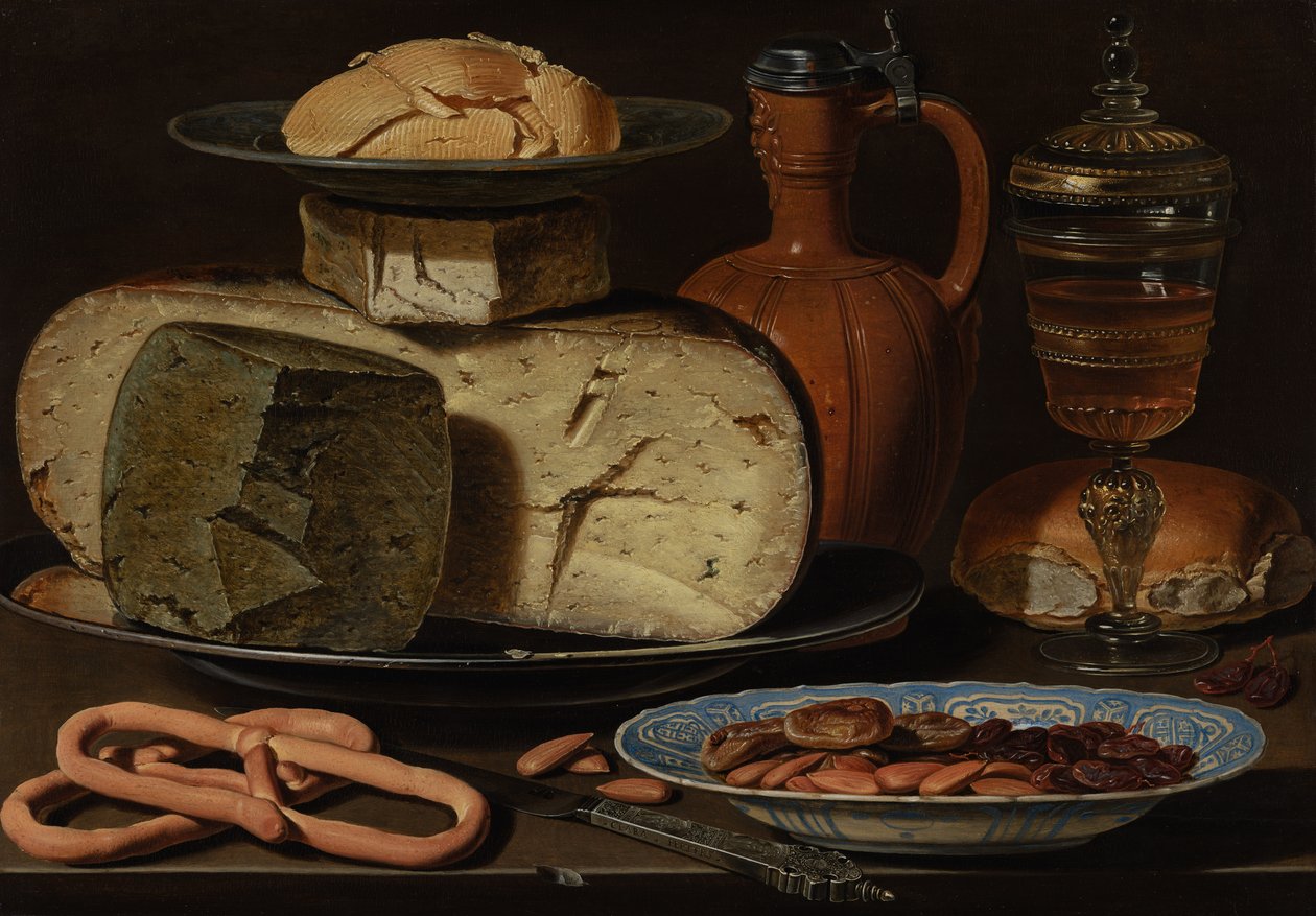 Csendélet sajtokkal, mandulával és perecsel, 1615 körül alkotó: Charlotte Evans