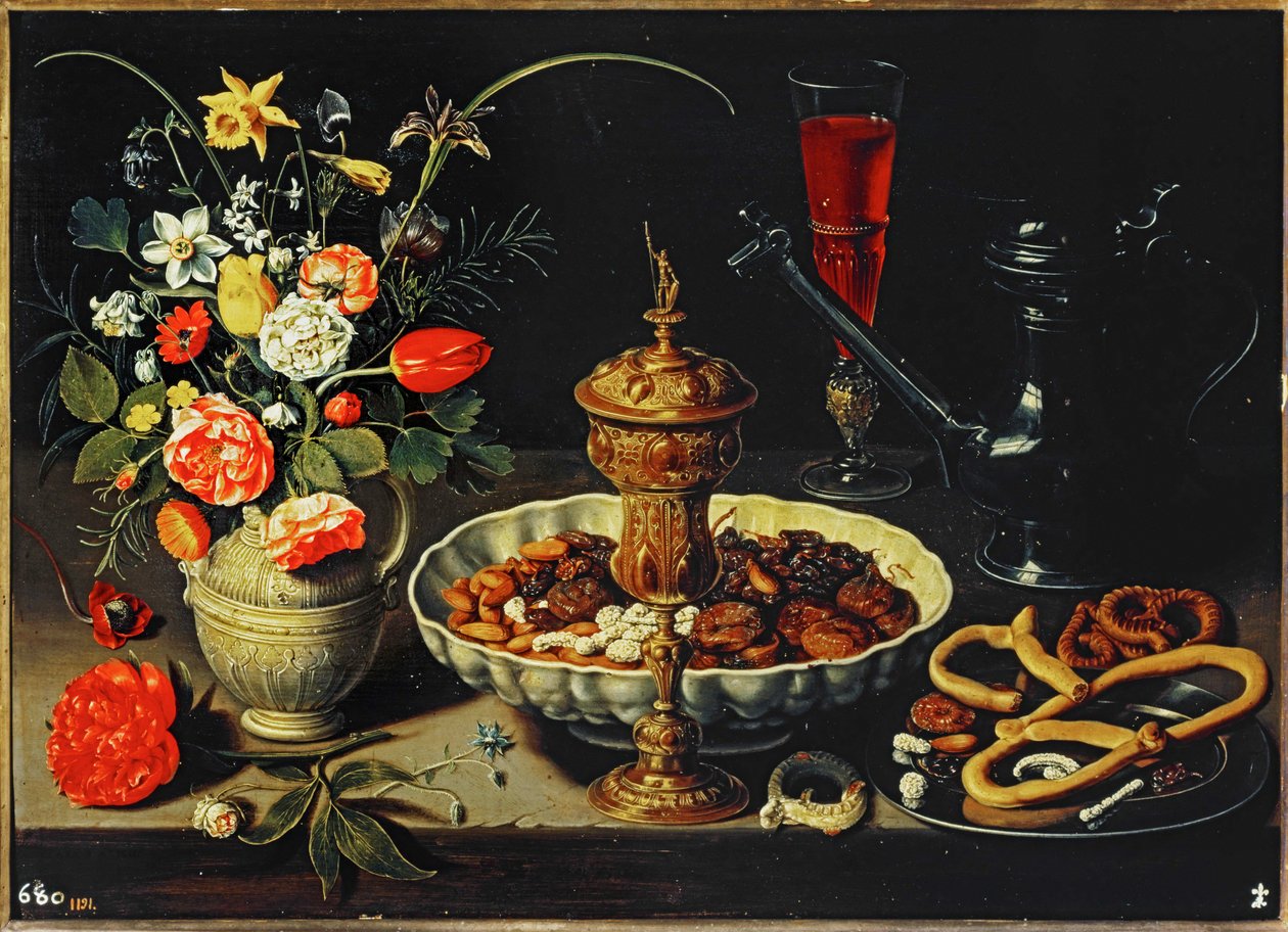 Asztal kancsóval, virágokkal, szárított gyümölcsökkel ... alkotó: Clara Peeters