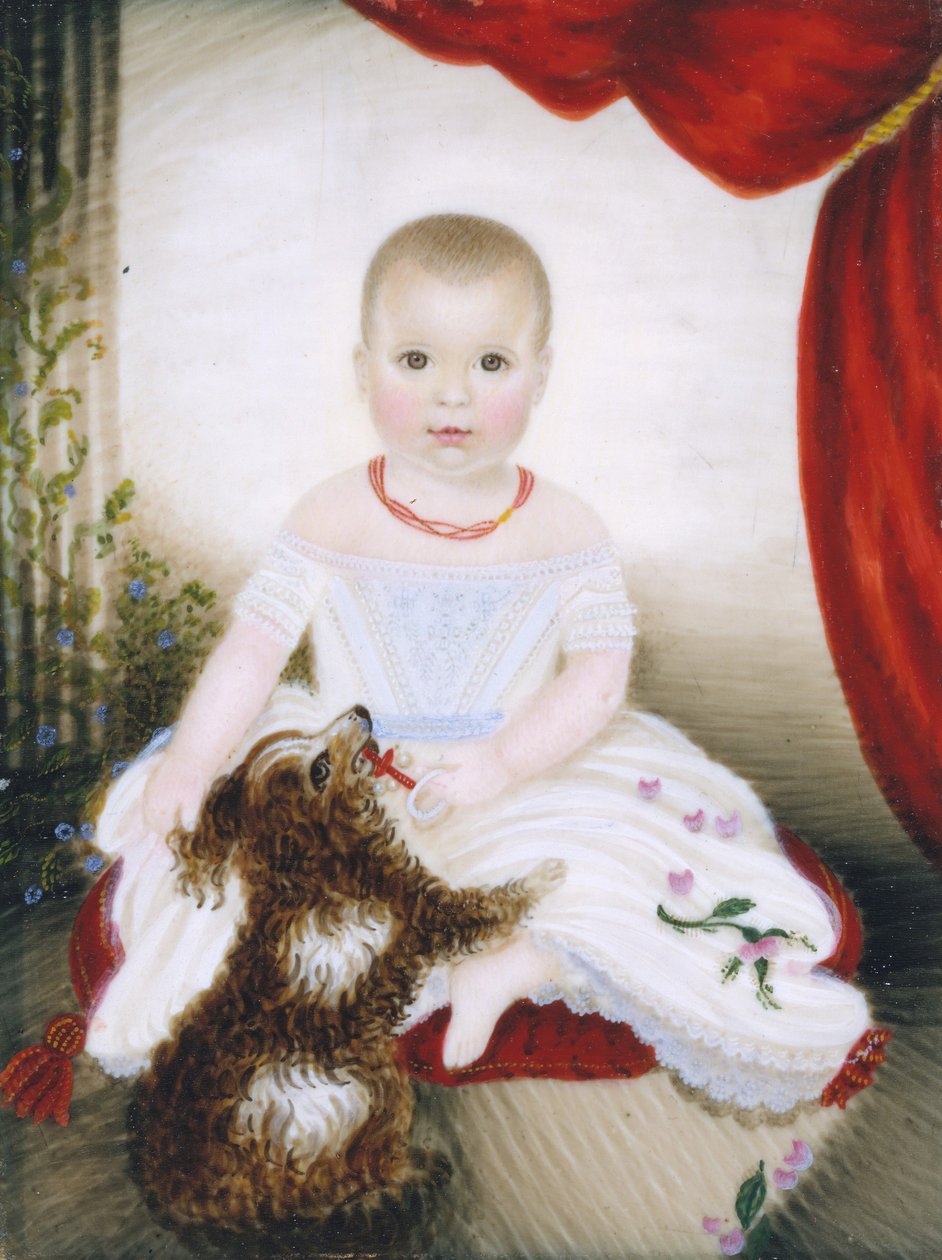 Baba csörgővel és kutyával, 1842. alkotó: Clarissa Peters