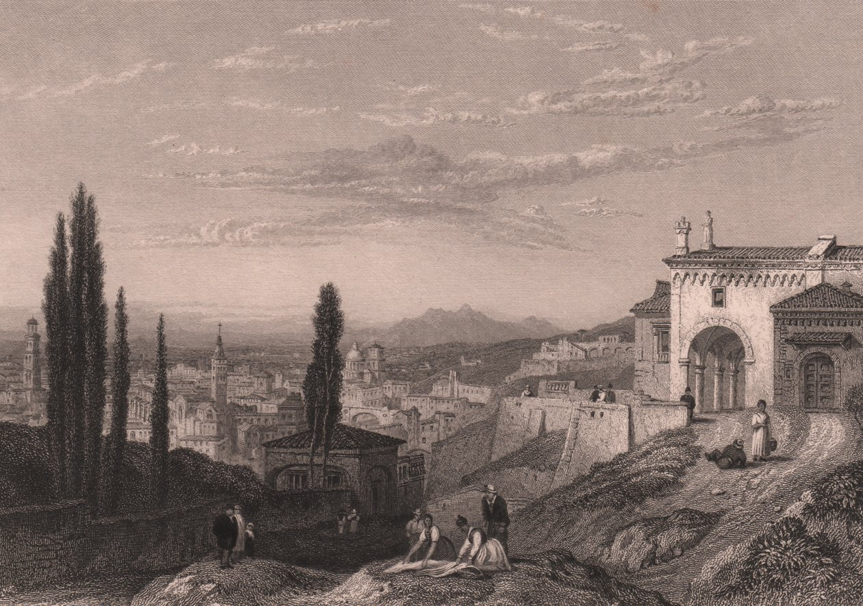 Panorámás kilátás Verona városára a San Zeno templomból Monte-ben, Veneto, Olaszország, S Fisher acélmetszet Clarkson Stanfield (1793-1867) rajza alapján, kb 14x12 cm alkotó: Clarkson Frederick Stanfield