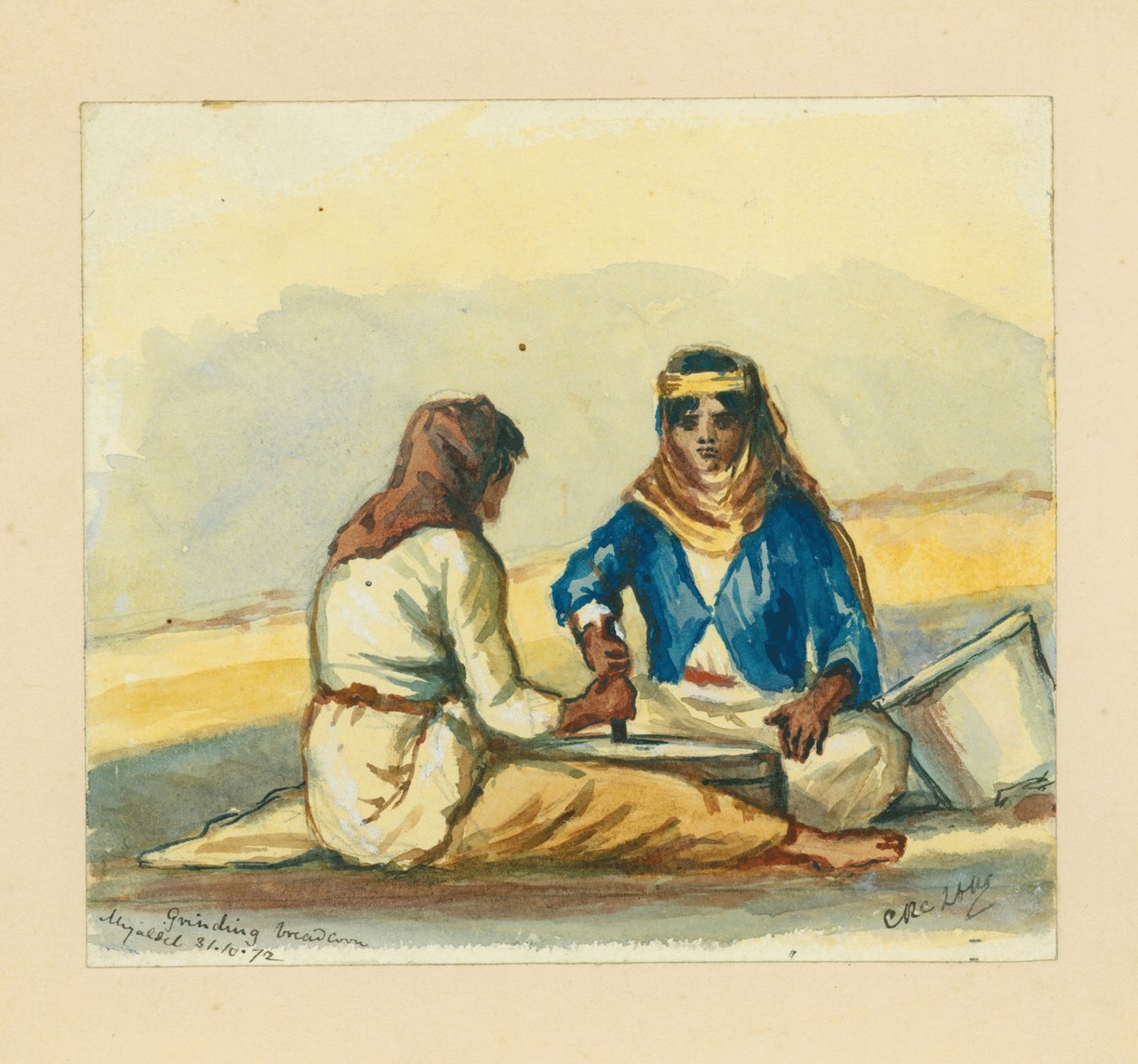 Kenyérkukorica őrlése, 1872 (wc és ceruza papíron) alkotó: Claude Conder