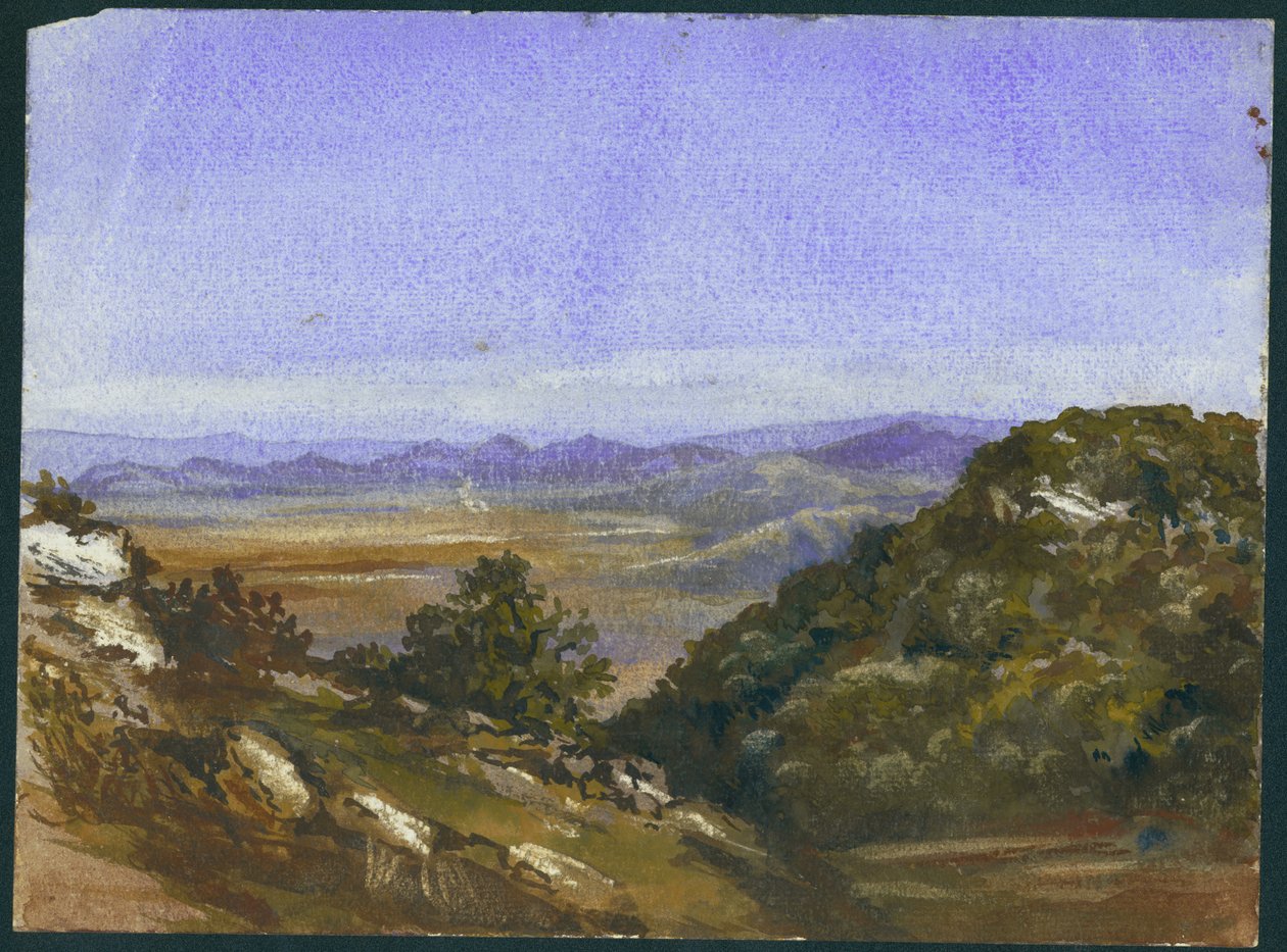 A Mahrakah és kilátás a síkságra Jezréelre, 1872 (wc és ceruza papíron) alkotó: Claude Conder