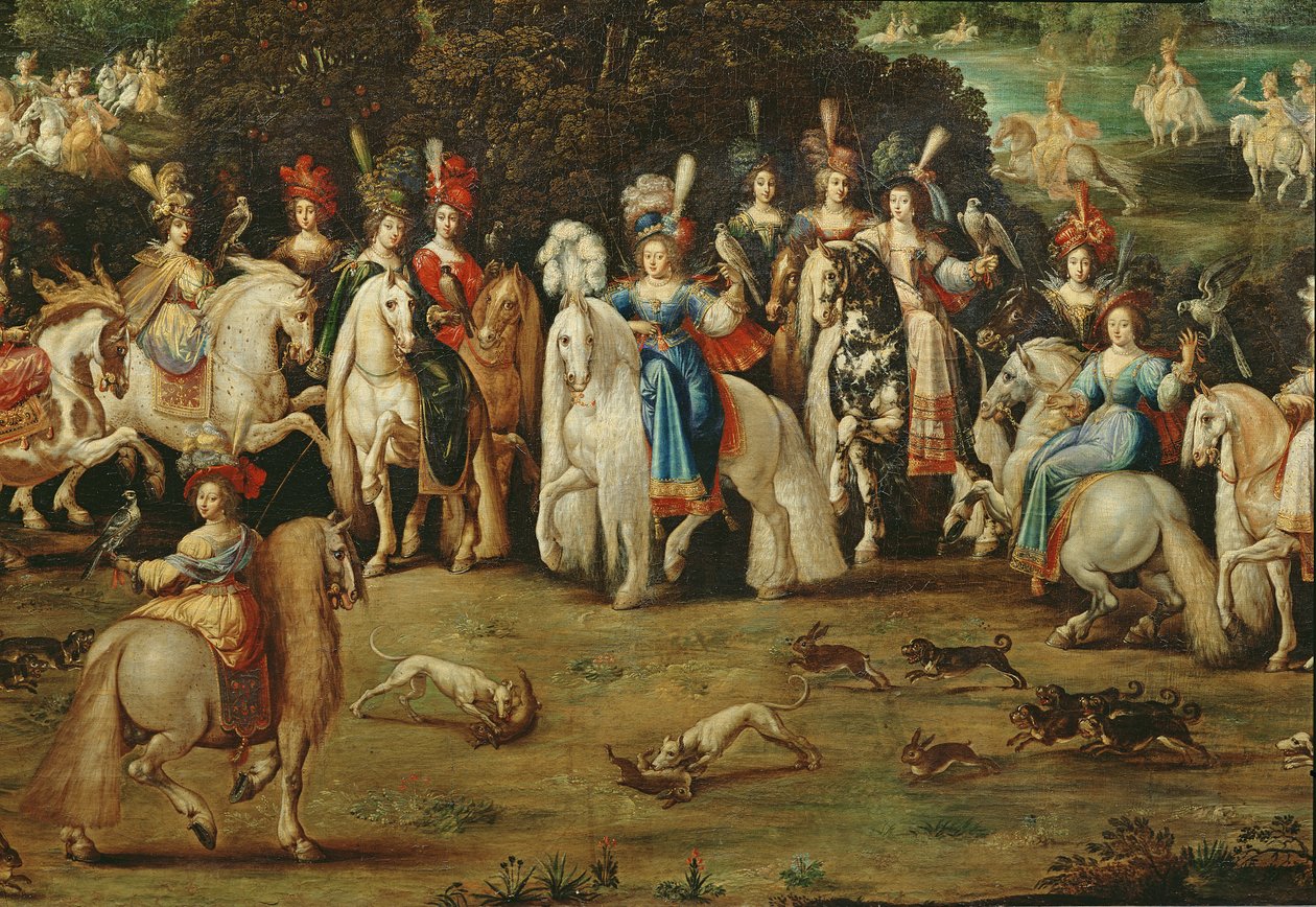 Levegő, részlet a középpontban lévő nők csoportjáról és a nyulakat üldöző kutyákról, 1640-41 alkotó: Claude Deruet