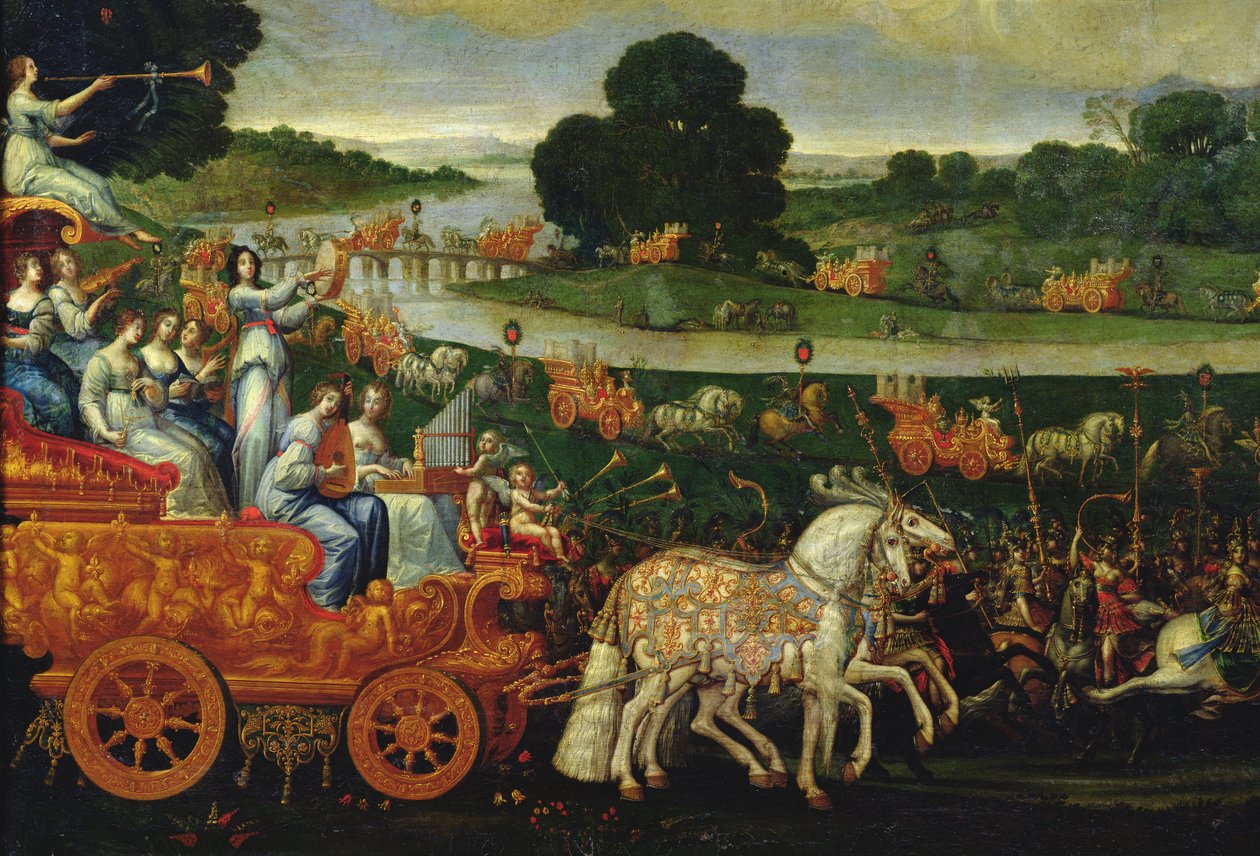 Föld, a bal oldali hintó részlete kilenc múzsával, 1640-41 körül alkotó: Claude Deruet