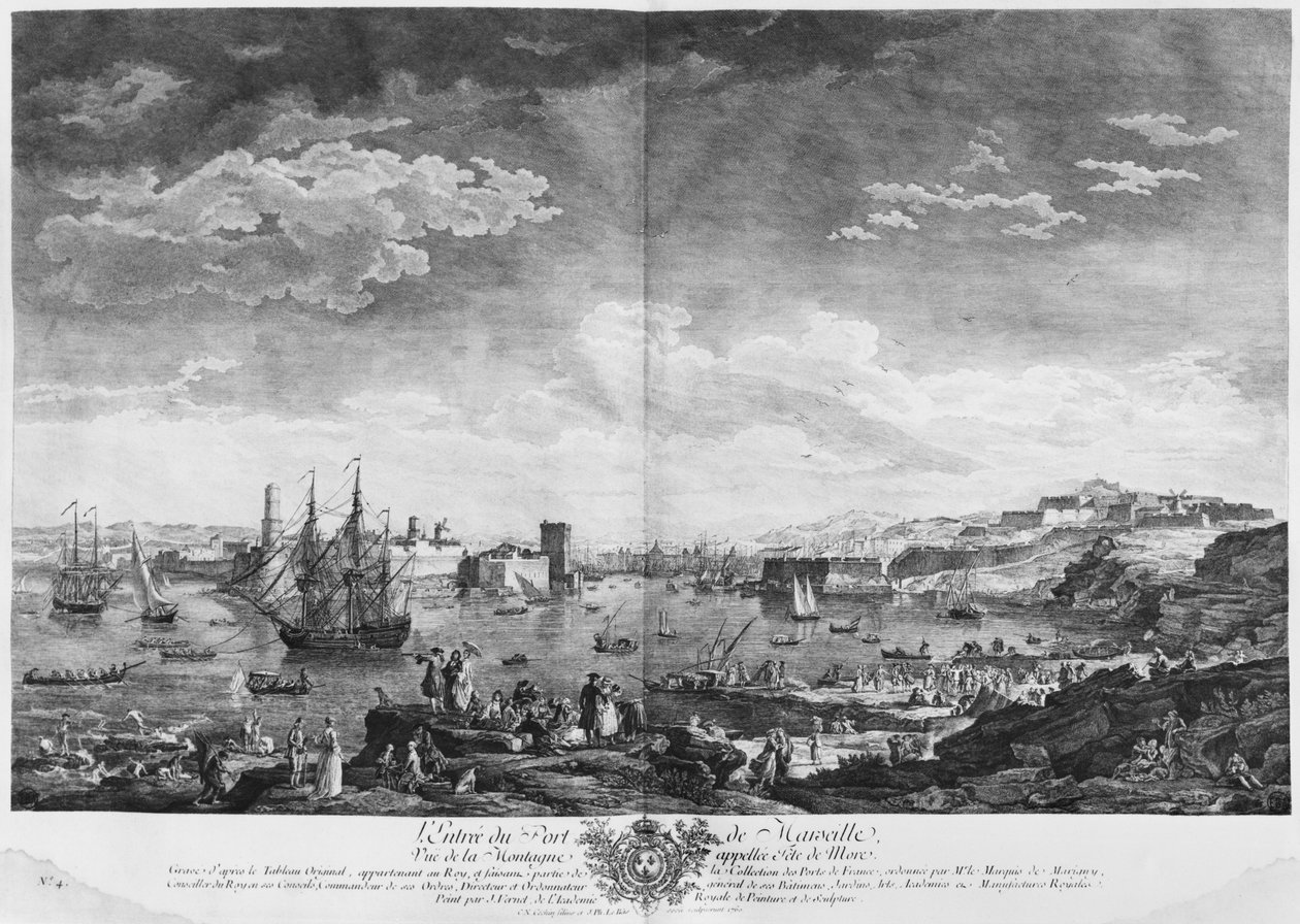 Marseille kikötőjének bejárata, a Tete de More nevű hegyről nézve, a „Les Ports de France” sorozat, Charles Nicolas Cochin ifjabb (1715-90) és Jacques Philippe Le Bas (17) metszetei alkotó: Claude Joseph Vernet