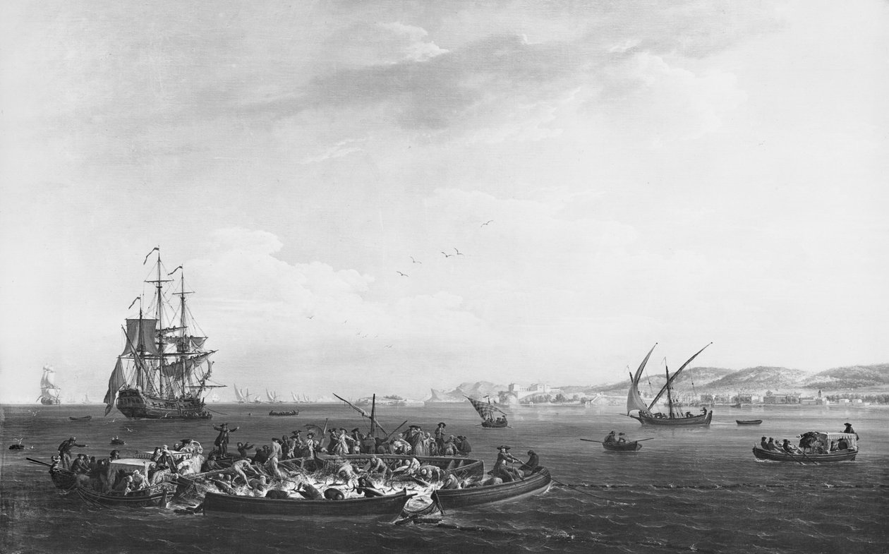 "La Madrague" vagy tonhalhalászat, a Bandoli-öböl látképe, 1755 alkotó: Claude Joseph Vernet
