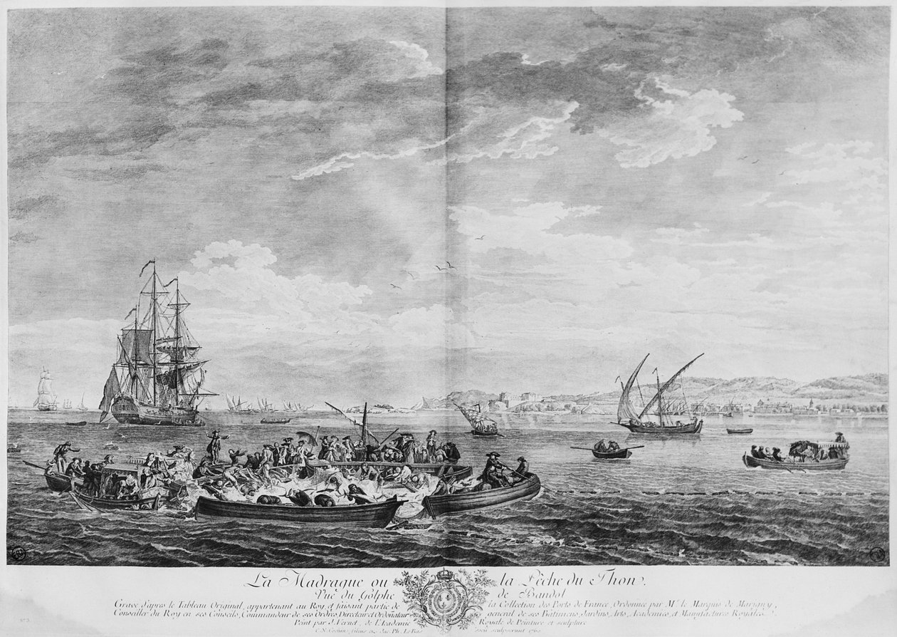 „La Madrague” vagy tonhalhalászat, kilátás a Bandoli-öbölre, „Les Ports de France” sorozat, Charles Nicolas Cochin ifjabb (1715-90) és Jacques Philippe Le Bas (1707-83) metszete 1762 (rézkarc) alkotó: Claude Joseph Vernet