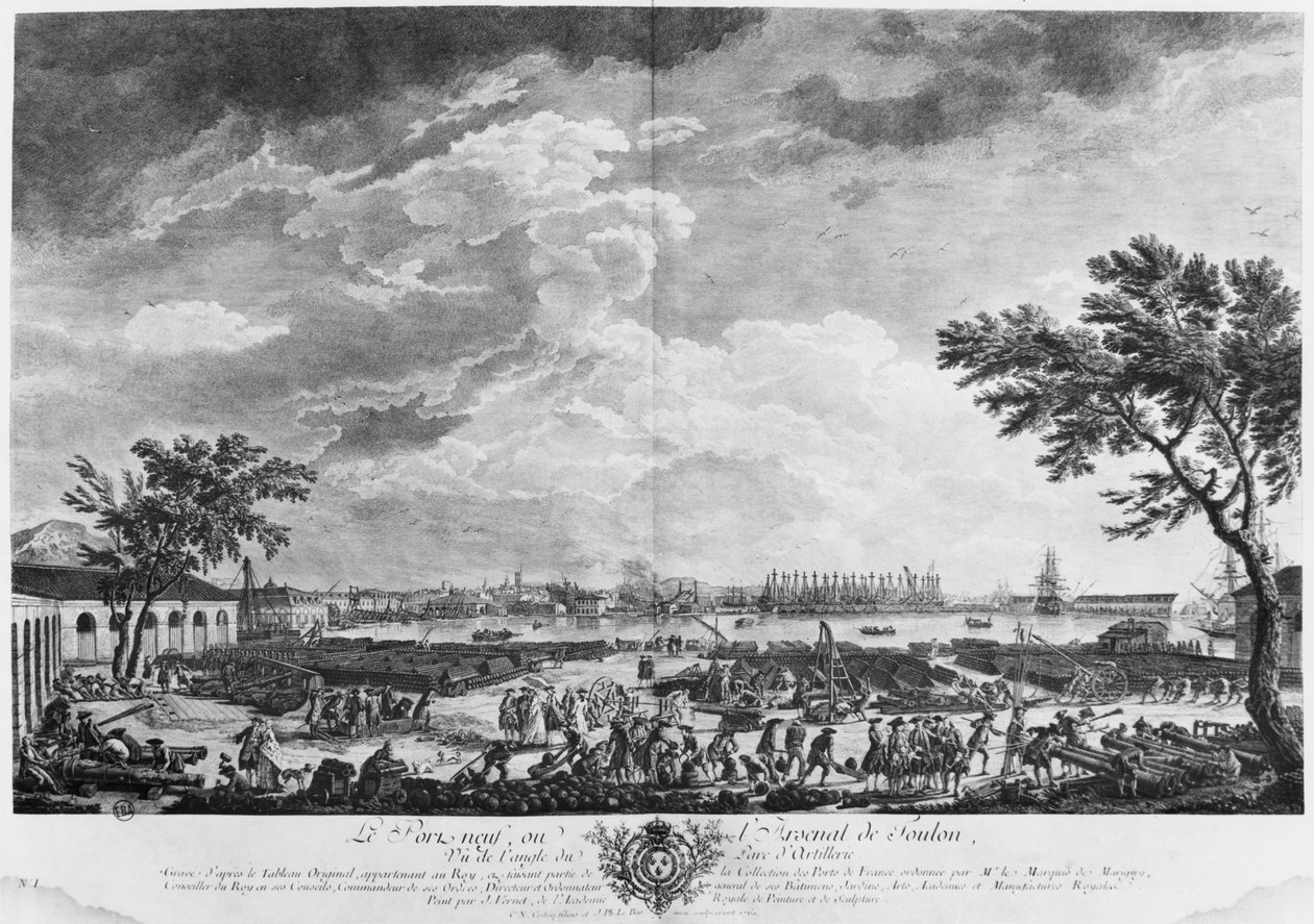 Touloni új kikötője és arzenálja, a tüzérségi raktárból nézve, a „Les Ports de France” sorozat, ifjabb Charles Nicolas Cochin (1715-90) és Jacques Philippe Le Bas (1707-83) metszete 1760 (stb. alkotó: Claude Joseph Vernet