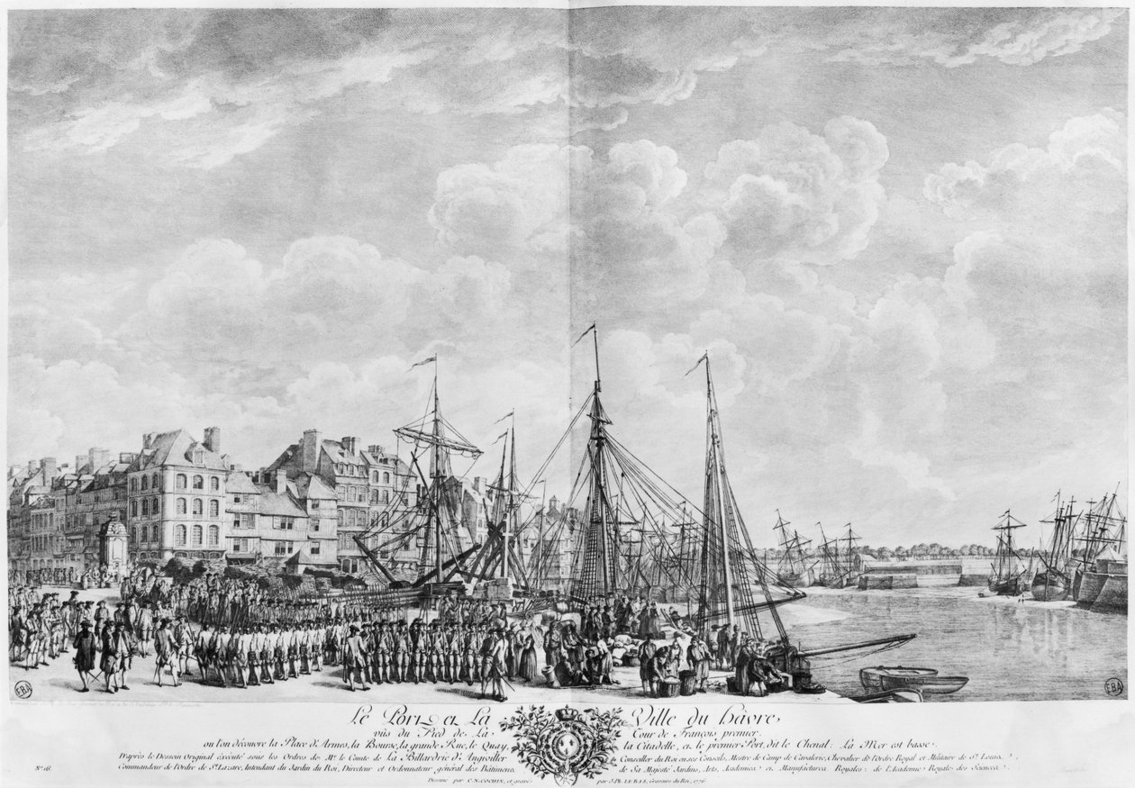 Le Havre kikötője és városa, I. Francois tornyából nézve, a „Les Ports de France” sorozat, ifjabb Charles Nicolas Cochin (1715-90) és Jacques Philippe Le Bas (1707-83) metszetei, 1762 (etch alkotó: Claude Joseph Vernet