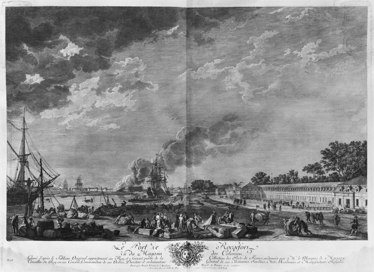 Rochefort kikötője, a kolóniák boltjából nézve, a „Les Ports de France” sorozat, ifjabb Charles Nicolas Cochin (1715-90) és Jacques Philippe Le Bas (1707-83) metszete, 1767 (marat és beégetés) alkotó: Claude Joseph Vernet