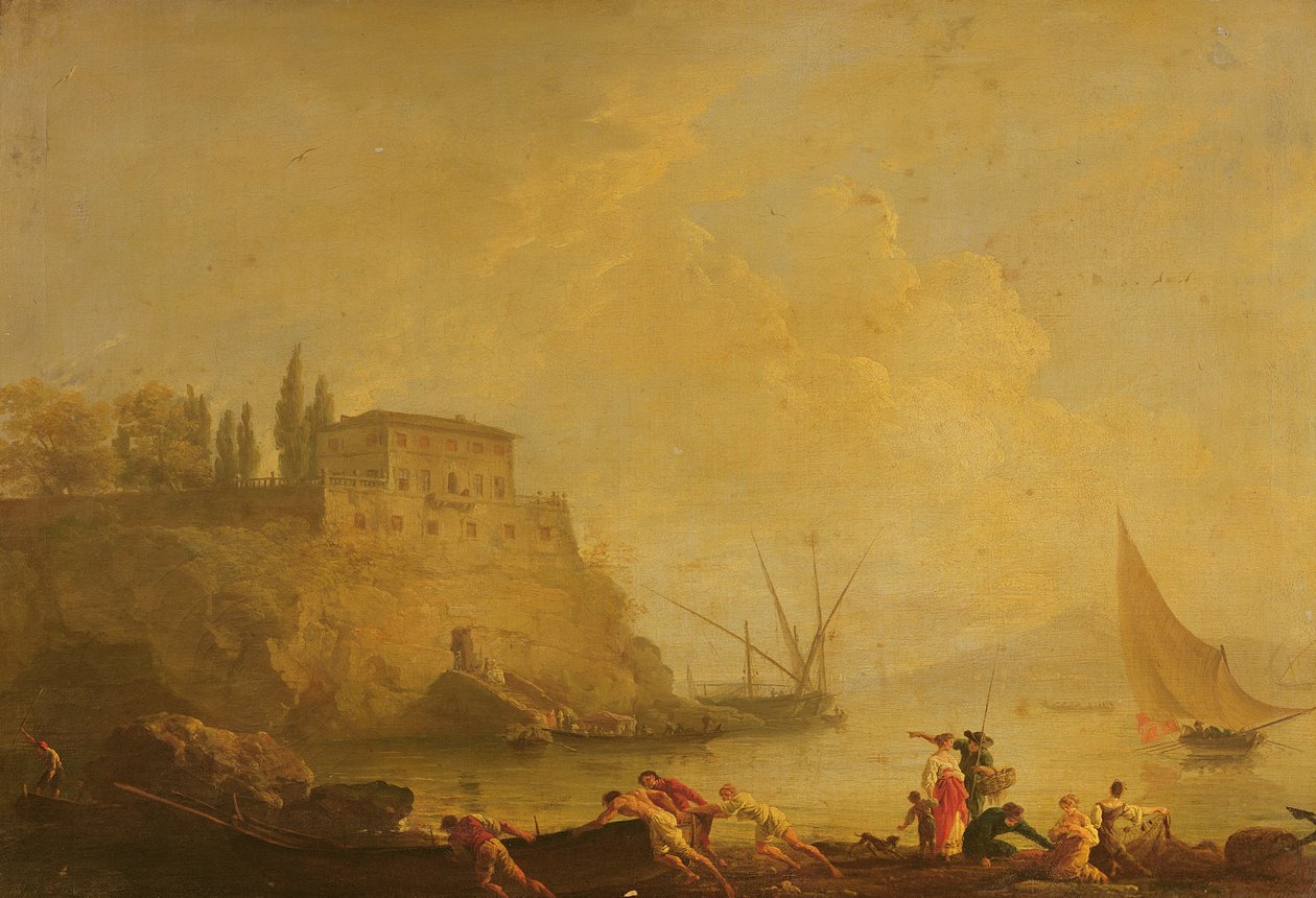 Tengeri tájkép, naplemente: halászok tolják ki a csónakot alkotó: Claude Joseph Vernet