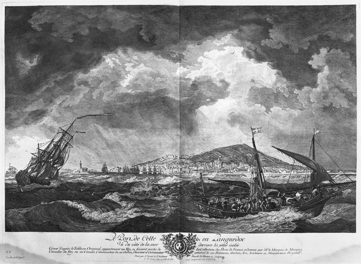 Languedoc Cette kikötője a tenger felől nézve az elszigetelt móló mögül, a „Les Ports de France” sorozat, Charles Nicolas Cochin ifjabb (1715-90) és Jacques Philippe Le Bas (1707-) metszete. alkotó: Claude Joseph Vernet