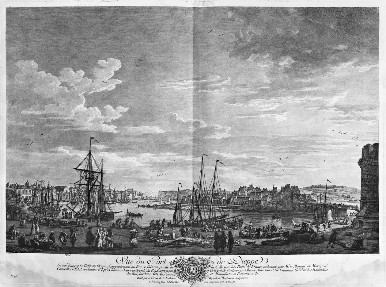 Dieppe kikötőjének kilátása, a „Les Ports de France” sorozat, ifjabb Charles Nicolas Cochin (1715-90) és Jacques Philippe Le Bas (1707-83) vésette 1762 (rézkarc és burin) alkotó: Claude Joseph Vernet