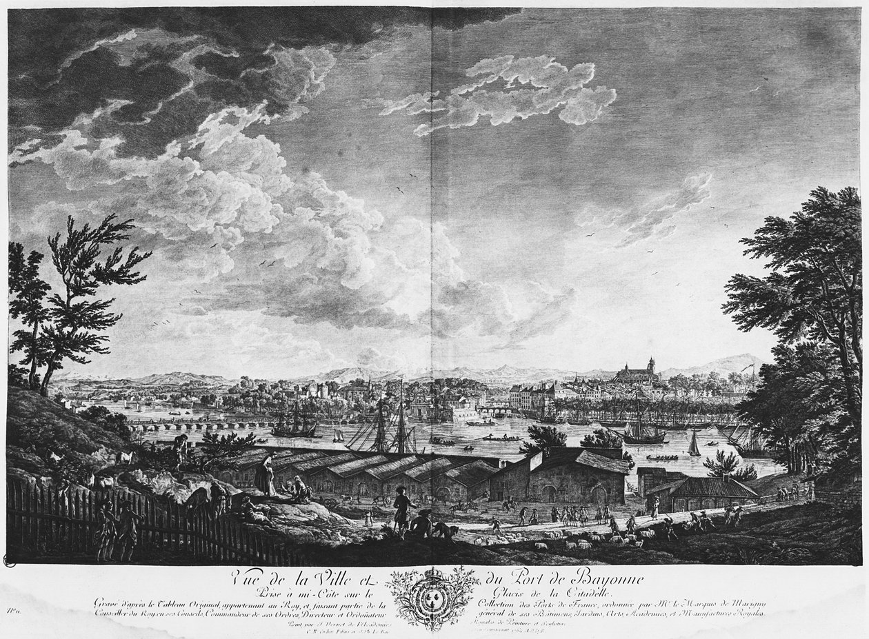 Kilátás a városra és Bayonne kikötőjére a fellegvár felétől, a „Les Ports de France” sorozat, Charles Nicolas Cochin ifjabb (1715-90) és Jacques Philippe Le Bas (1707-83) metszetei alkotó: Claude Joseph Vernet