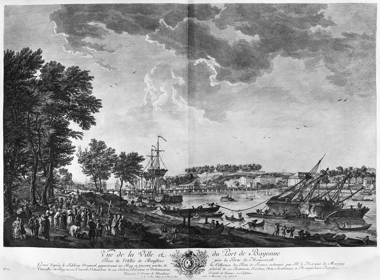Kilátás a városra és Bayonne kikötőjére a Boulders sugárútról, a Mousserole kapu közelében, a „Les Ports de France” sorozat, Charles Nicolas Cochin ifjabb (1715-90) és Jacques metszetében alkotó: Claude Joseph Vernet