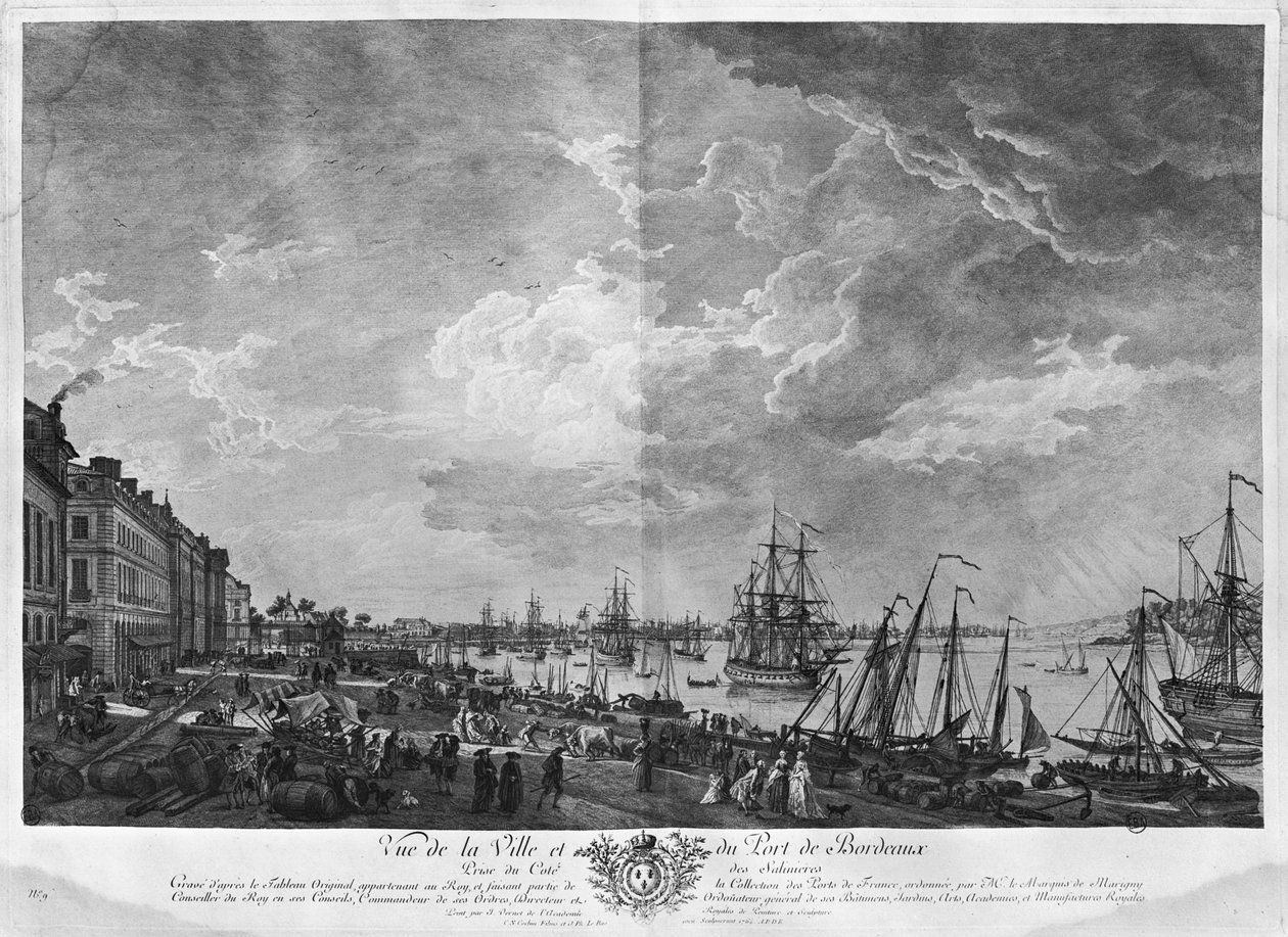 Bordeaux városának és kikötőjének kilátása a Salinieres-ből, a „Les Ports de France” sorozat, Charles Nicolas Cochin ifjabb (1715-90) és Jacques Philippe Le Bas (1707-83) metszetei 1762 (et alkotó: Claude Joseph Vernet