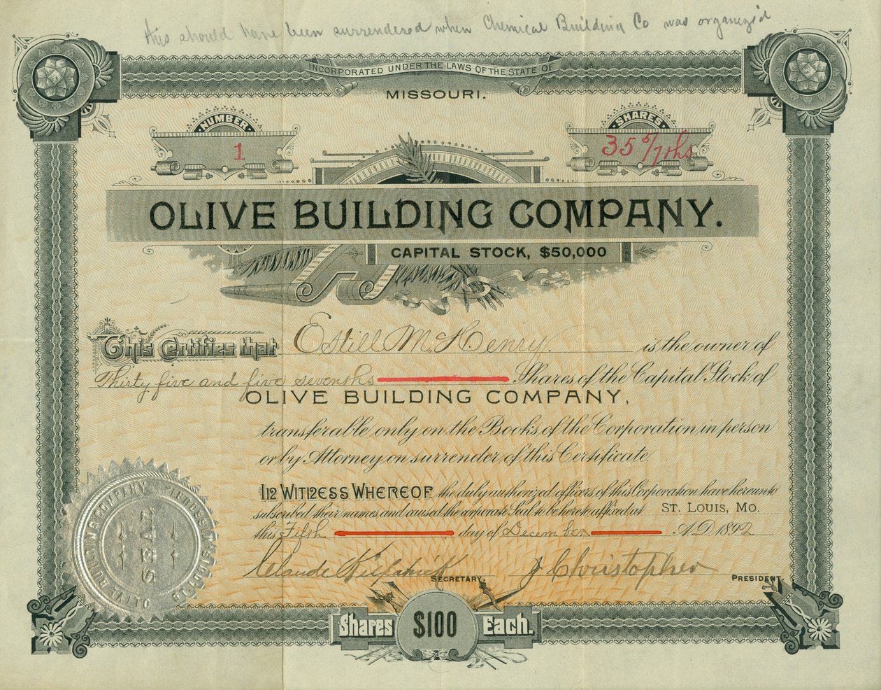 Az Olive Street Building Company részvényigazolása Estill M. Henry részére, 1892. december 5 -én alkotó: Claude Kirkpatrick