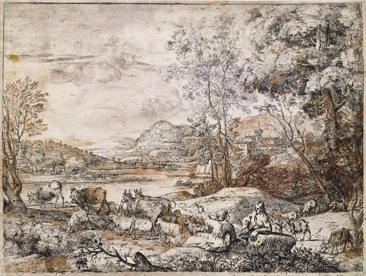 Pásztor és pásztorlány beszélget (toll, tinta és mosás papíron) alkotó: Claude Lorrain